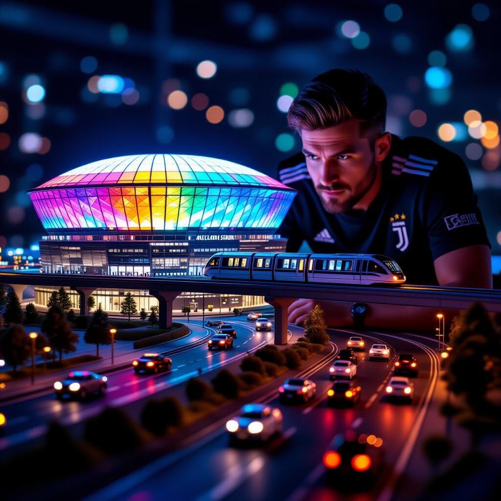 Miniature City Model at Night with Focused Fan