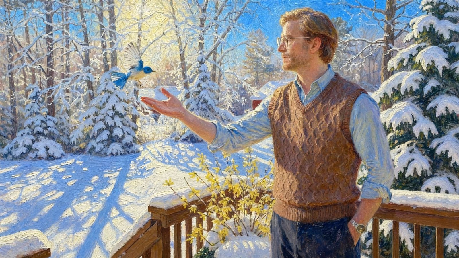 Man Offers Hand to Bluebird in Snowy Backyard Painting
