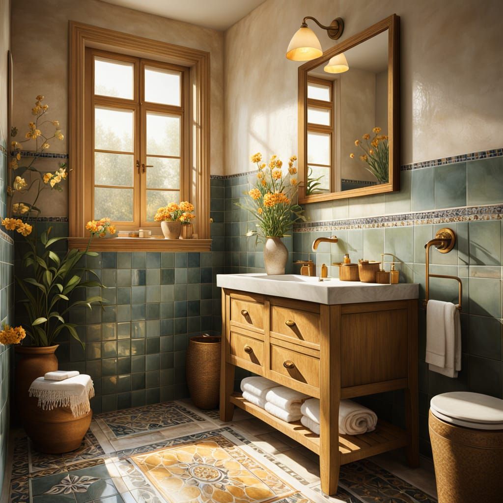 Dutch Realism Bathroom Interior in Warm Golden Lighting