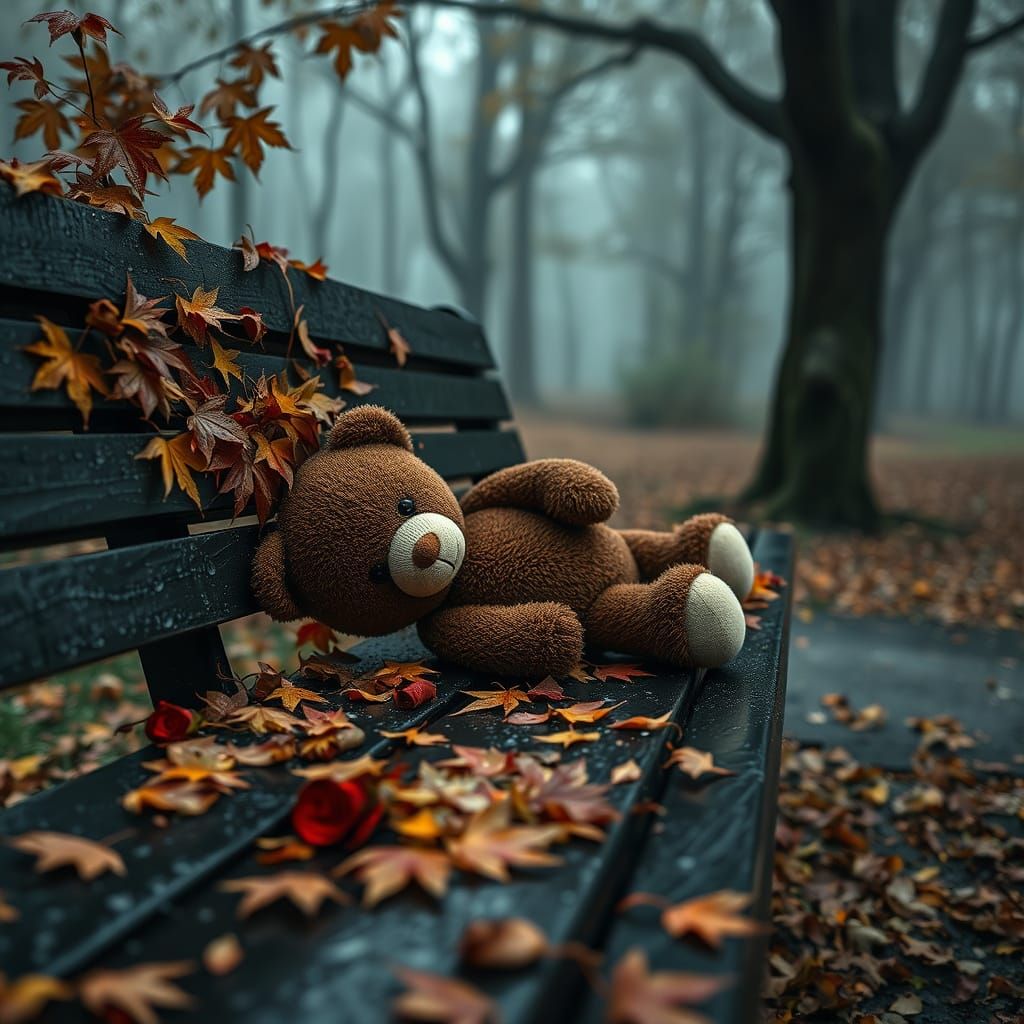 Sad Teddy Bear on Wet Autumn Park Bench