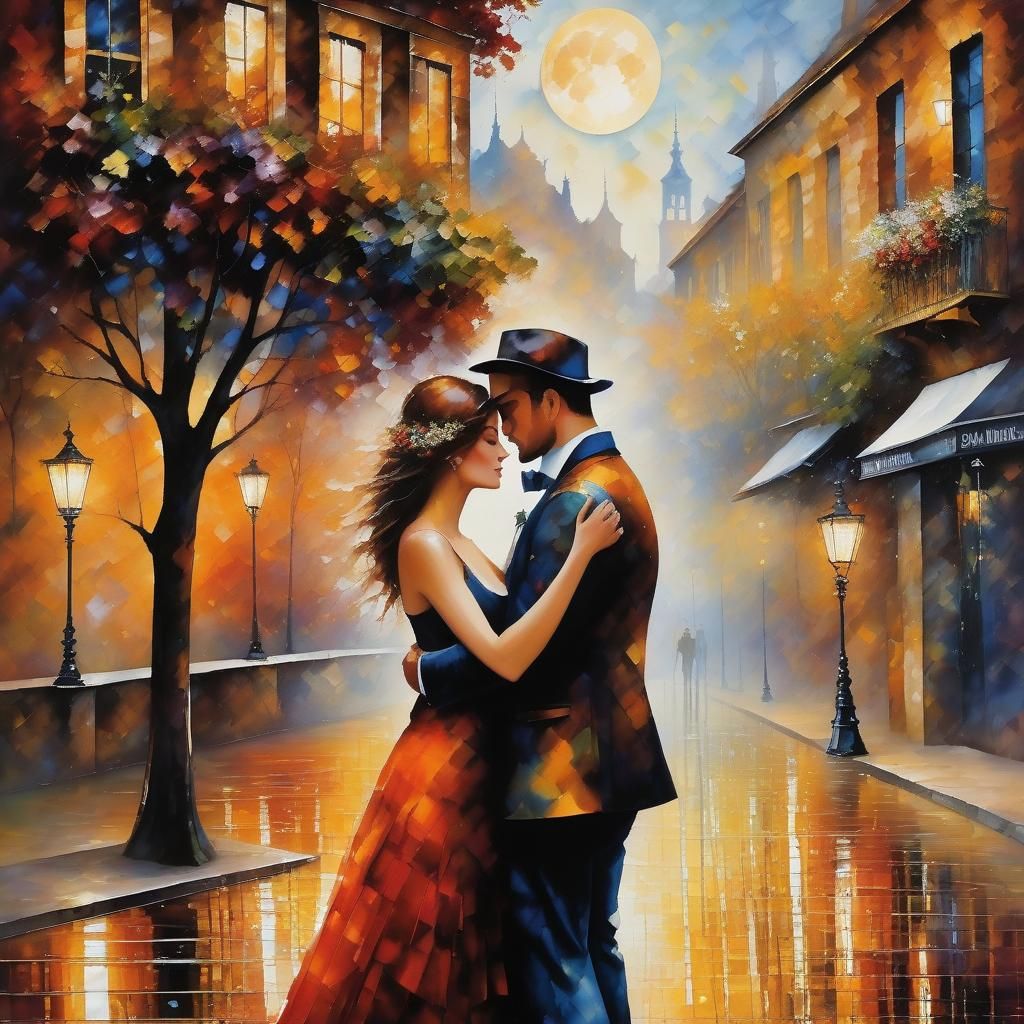 Romantic Couple Under Blue Tree as Impressionist Painting