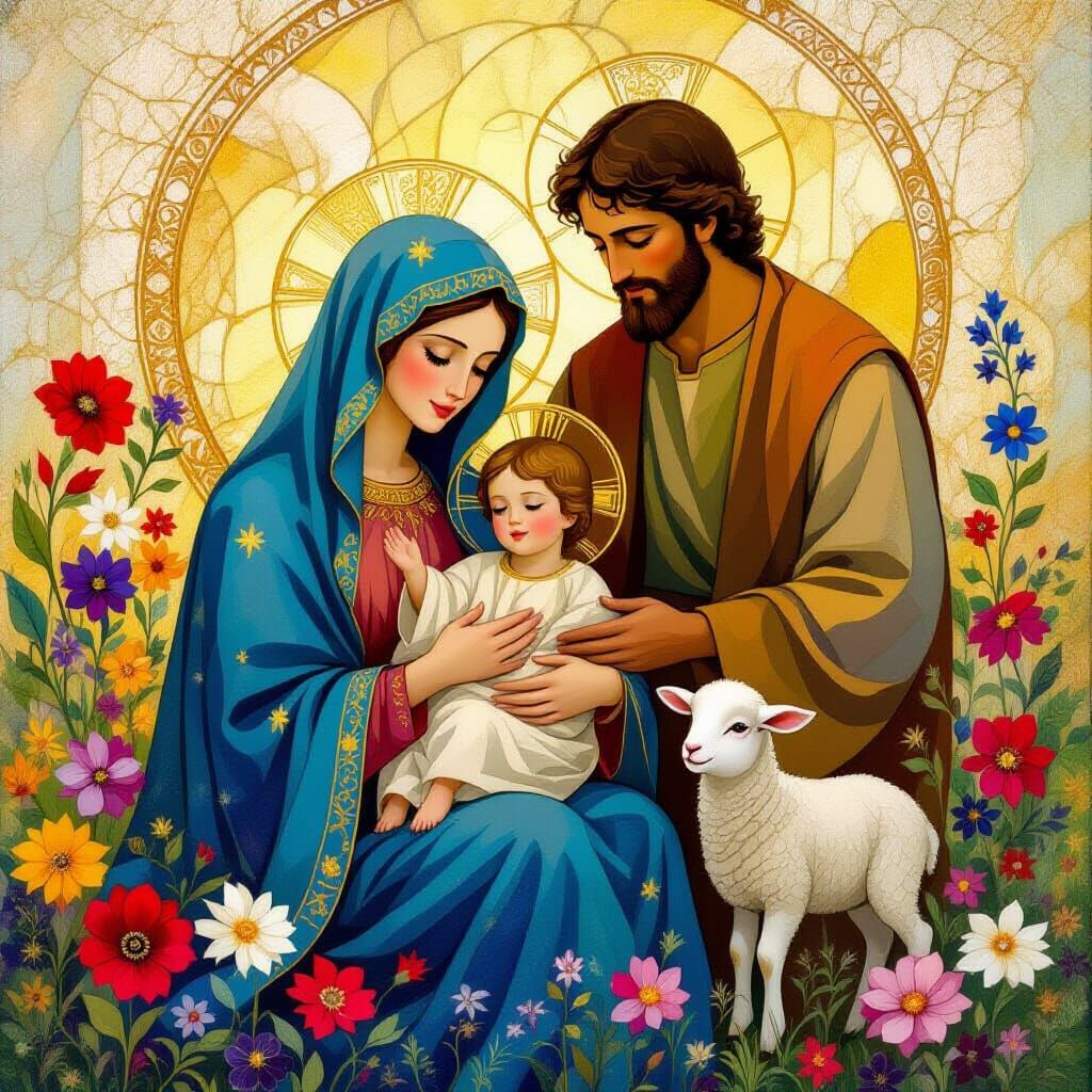 Stained Glass: Mary, Jesus, Lamb, and Joseph