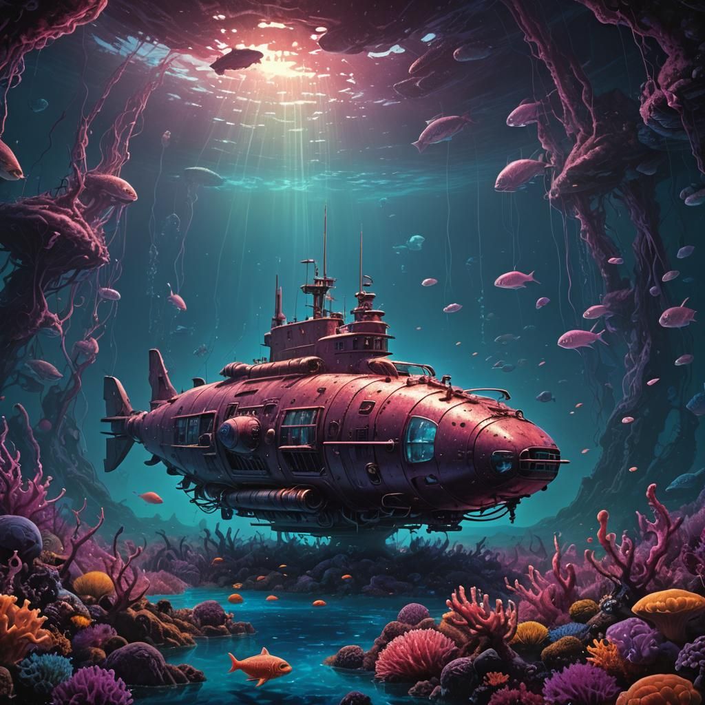Majestic Submersible Concept Art in Bioluminescent Ocean