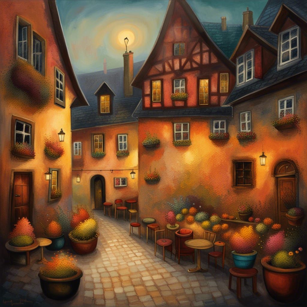 German Courtyard Scene in Expressionist Style