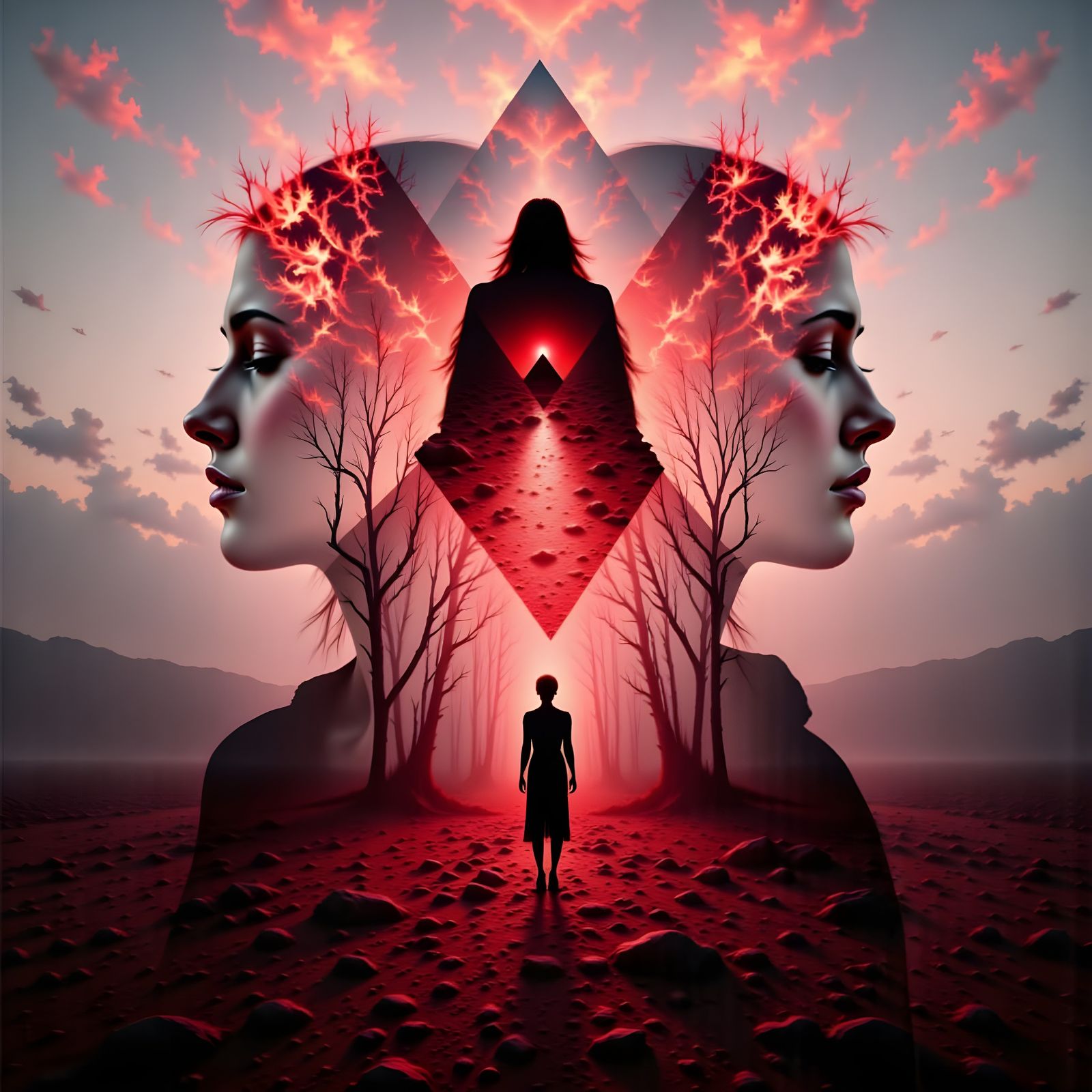 Surreal Double Exposure Merged Silhouettes in Red and Black