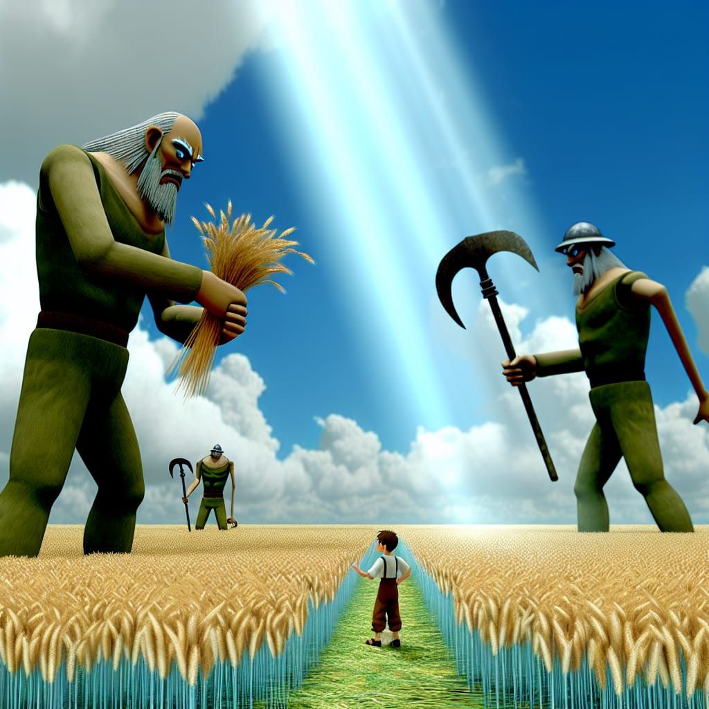 Giants in Barley Field: Anime-Inspired Digital Art