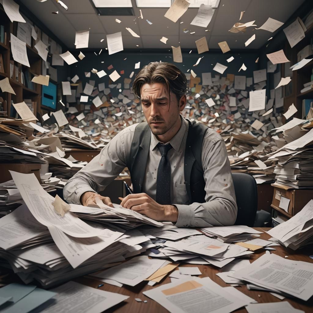 Depressed Office Worker Drowning in Paperwork