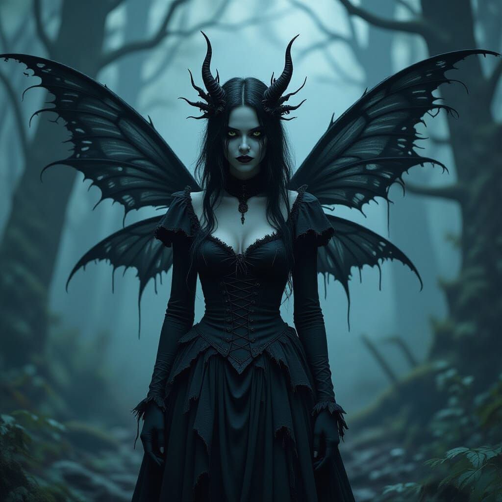 Dark Undead Fairy in Eerie Forest, Bio-Gothic Style