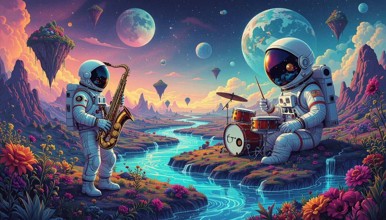 Astronaut on Musical Instrument Planet in Psychedelic Style