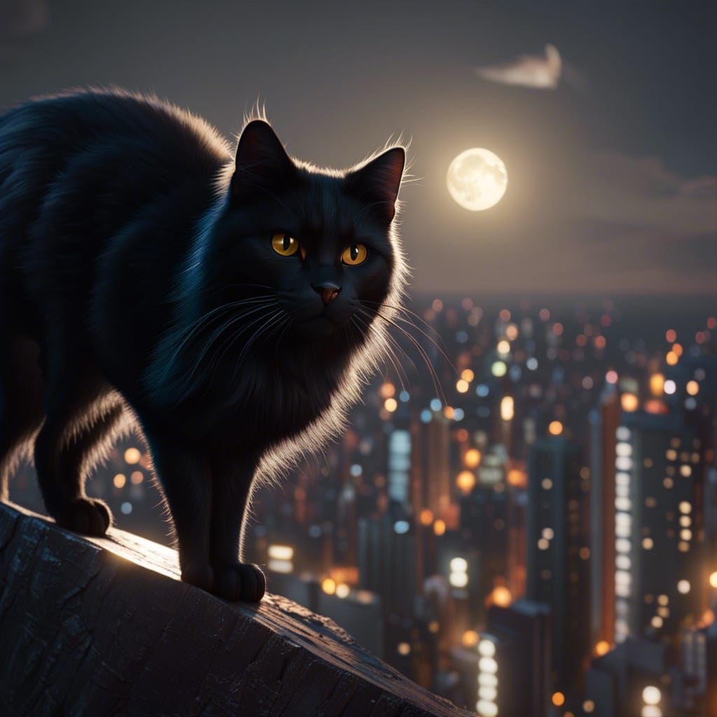 Black Cat in Cityscape, Photorealistic Style