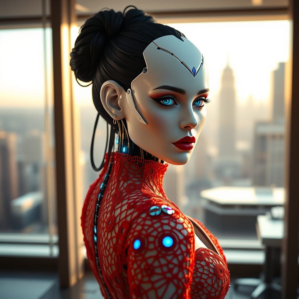 Cyberpunk Robot Goddess Commands Corporate Throne