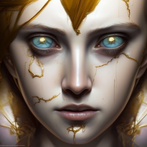 Golden Veined Porcelain Woman: Dark Fantasy Portrait