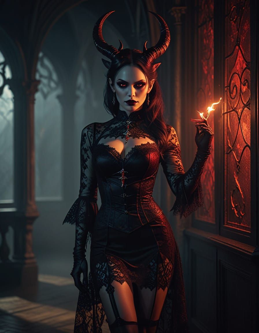 Demonic Woman in Gothic Fashion with Glowing Eyes