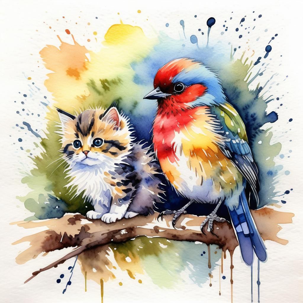 Watercolor Kitten and Bird Painting