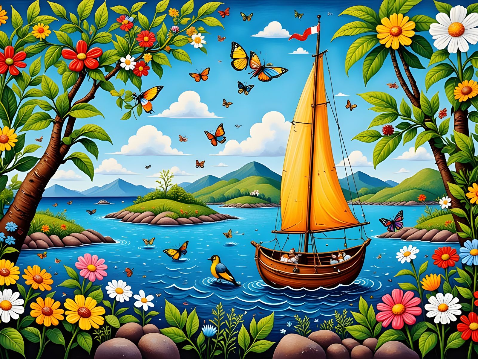 Caribbean Sailboat in Naive Art Style