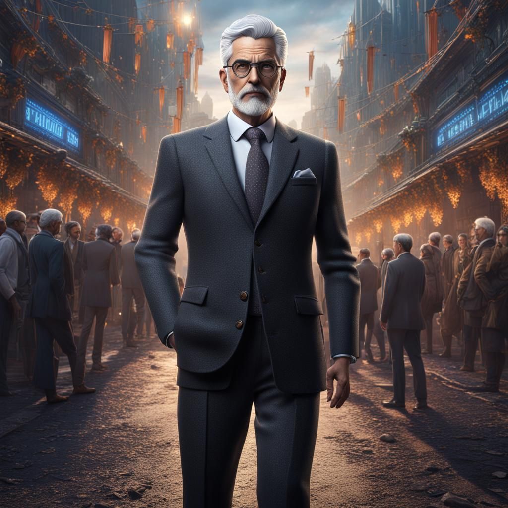 Gray-Haired Man in Suit: Detailed Fantasy Art