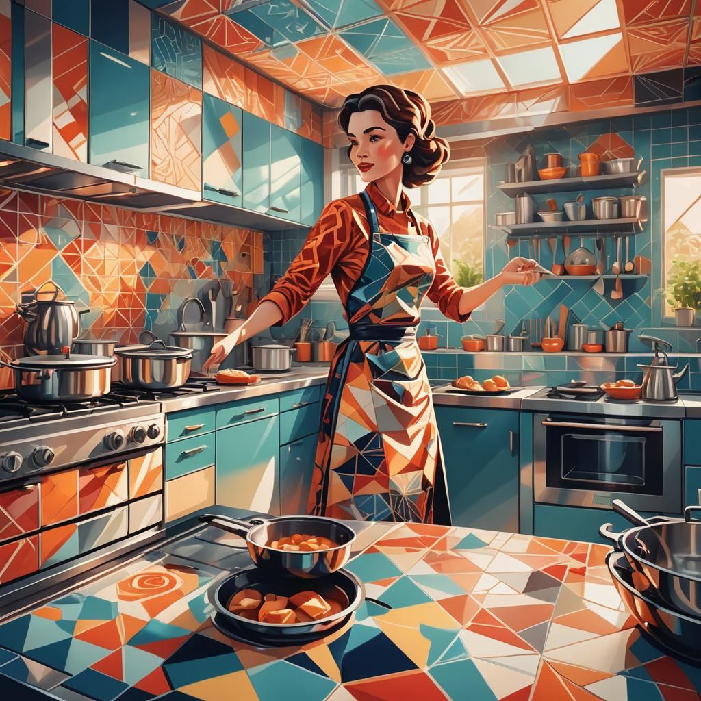 Retro-Futuristic Kitchen Scene in Cartoon Style