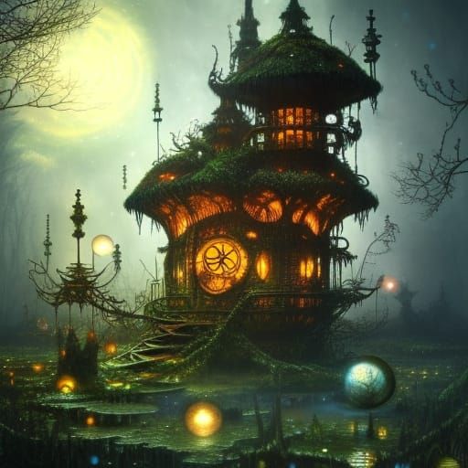 Steampunk Mushroom Manse in Sci-Fi Landscape