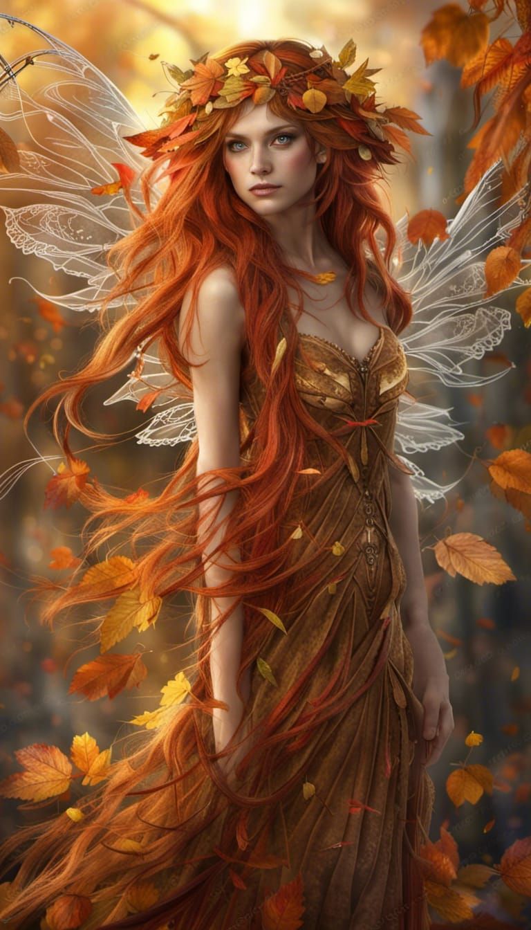 Autumn Fairy with Auburn Hair and Leaf Clothes