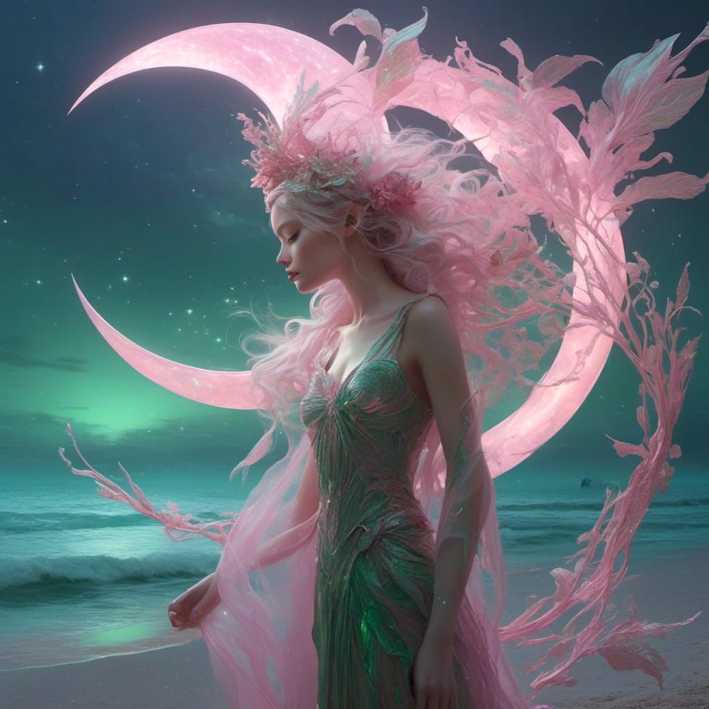 <lora:eye:1.0> Fairy queen standing on the beach with a luminescent crescent moon pink green realistic Hyper-realistic H...