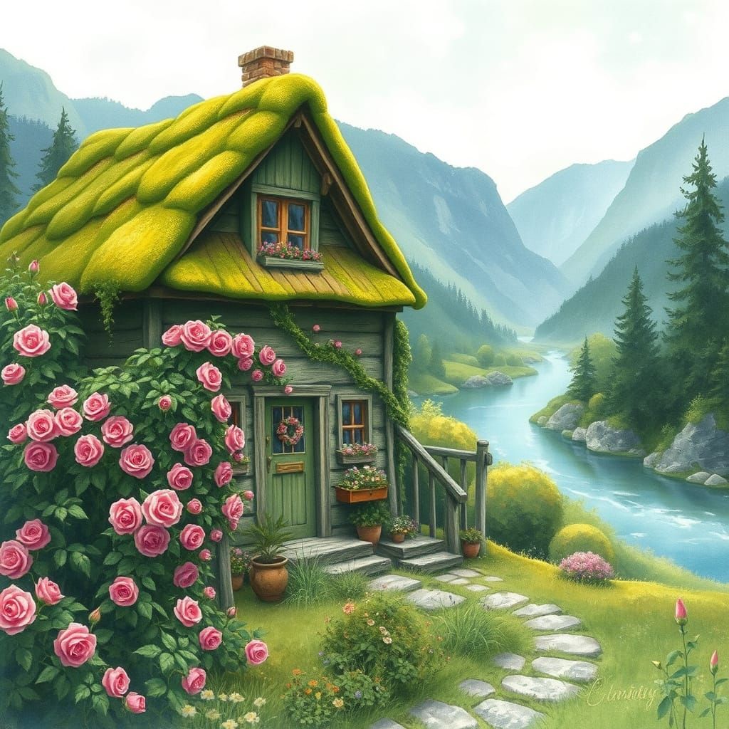 Rustic Mountain Cottage Amidst Vibrant Blooms and Towering T...