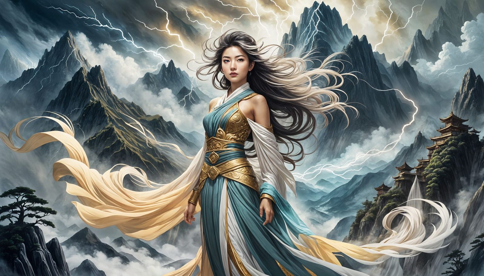 Ethereal Asian Goddess of Wind Over Misty Peaks