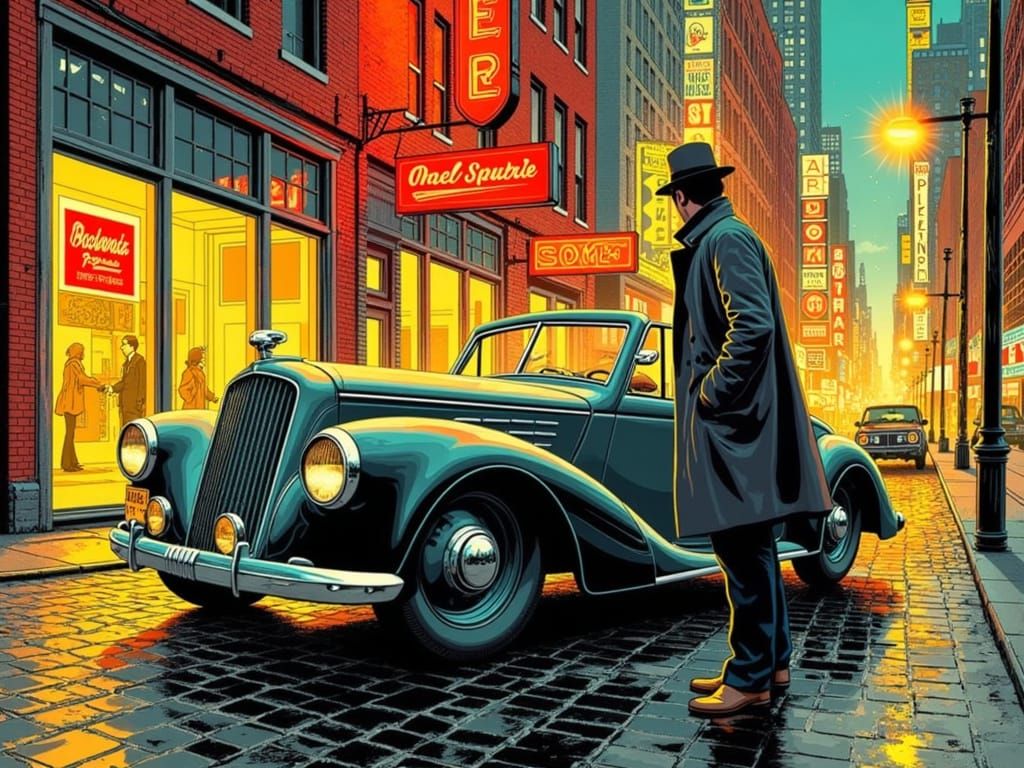 Gritty 1920s Film Noir Cityscape in Bold Comic Book Style