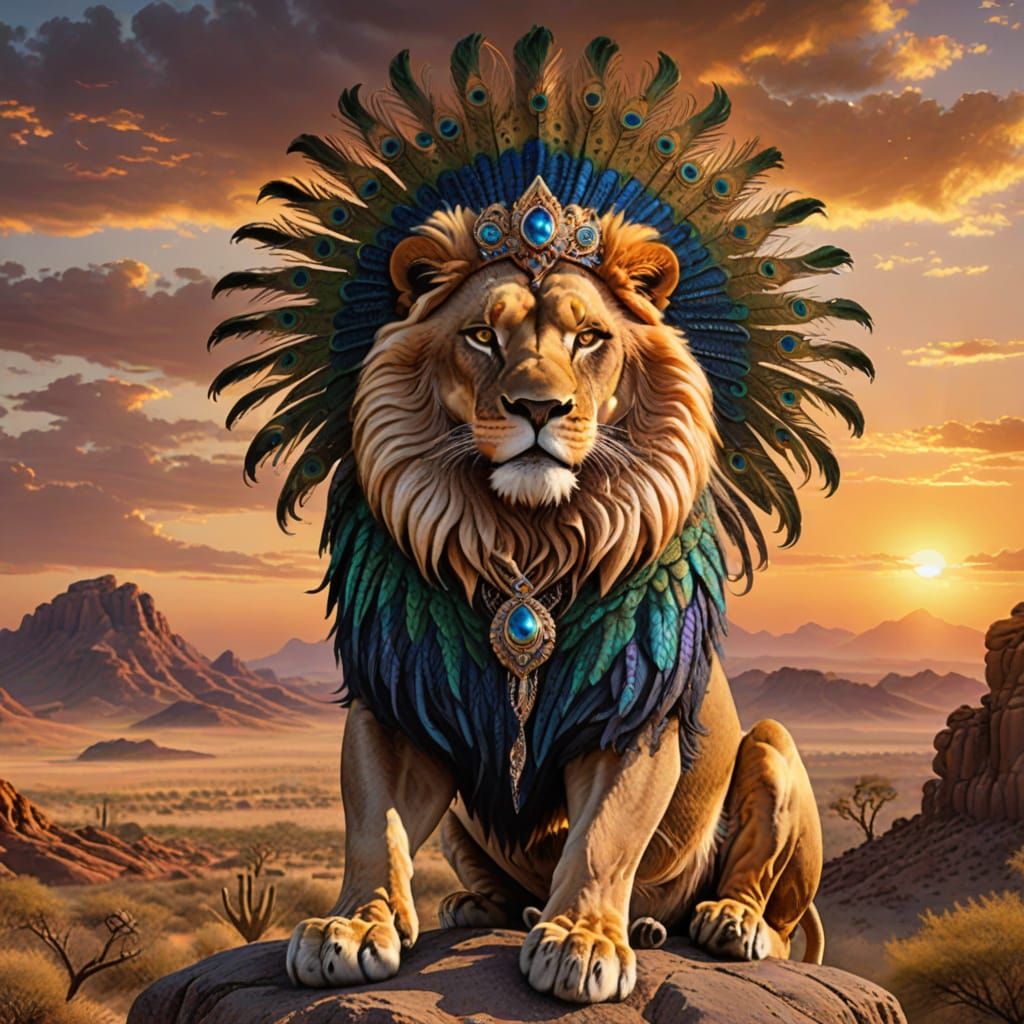 Majestic Lion with Peacock Feathers in Alien Desert