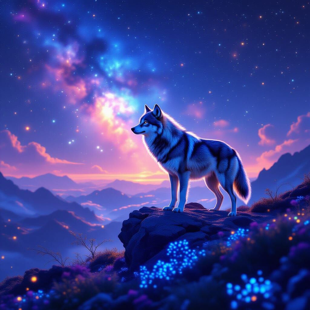 Majestic Stardust Wolf Gazing at Nebula Sky