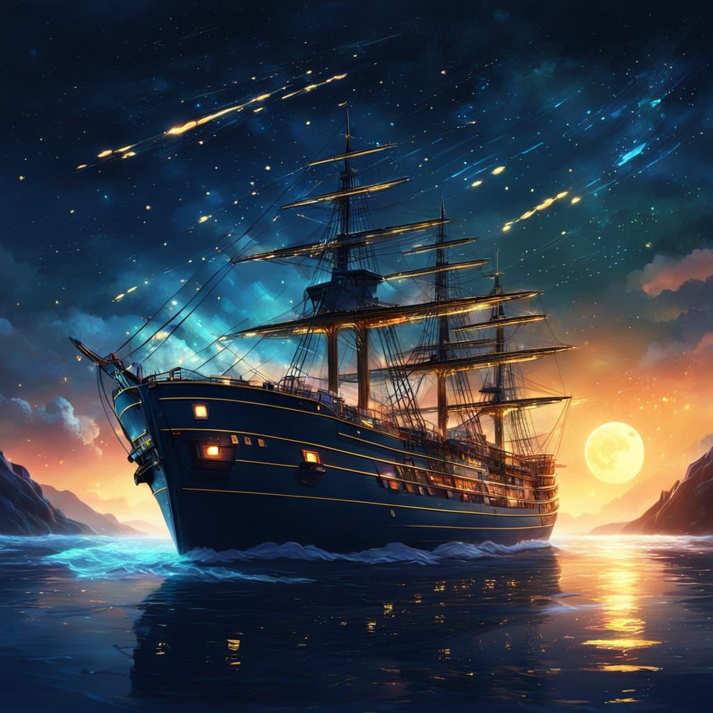 Ship Sailing Under a Starry Sky as Digital Art
