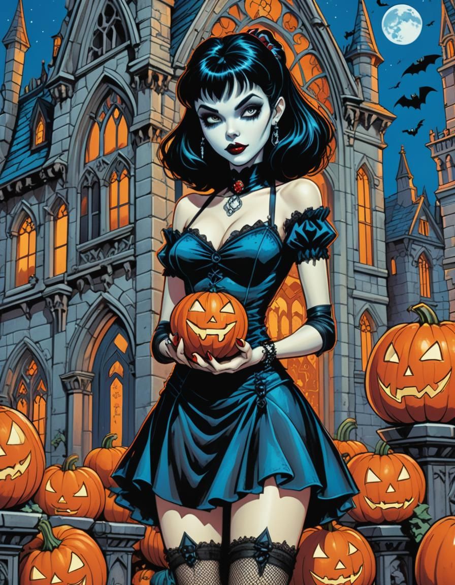 Vampire Mavis with Pumpkins in Gothic Setting