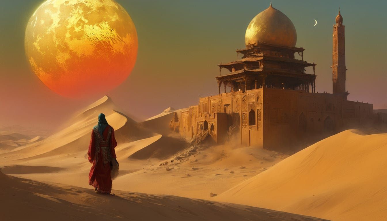 Mystical Desert Oasis with Red Demon and Tower