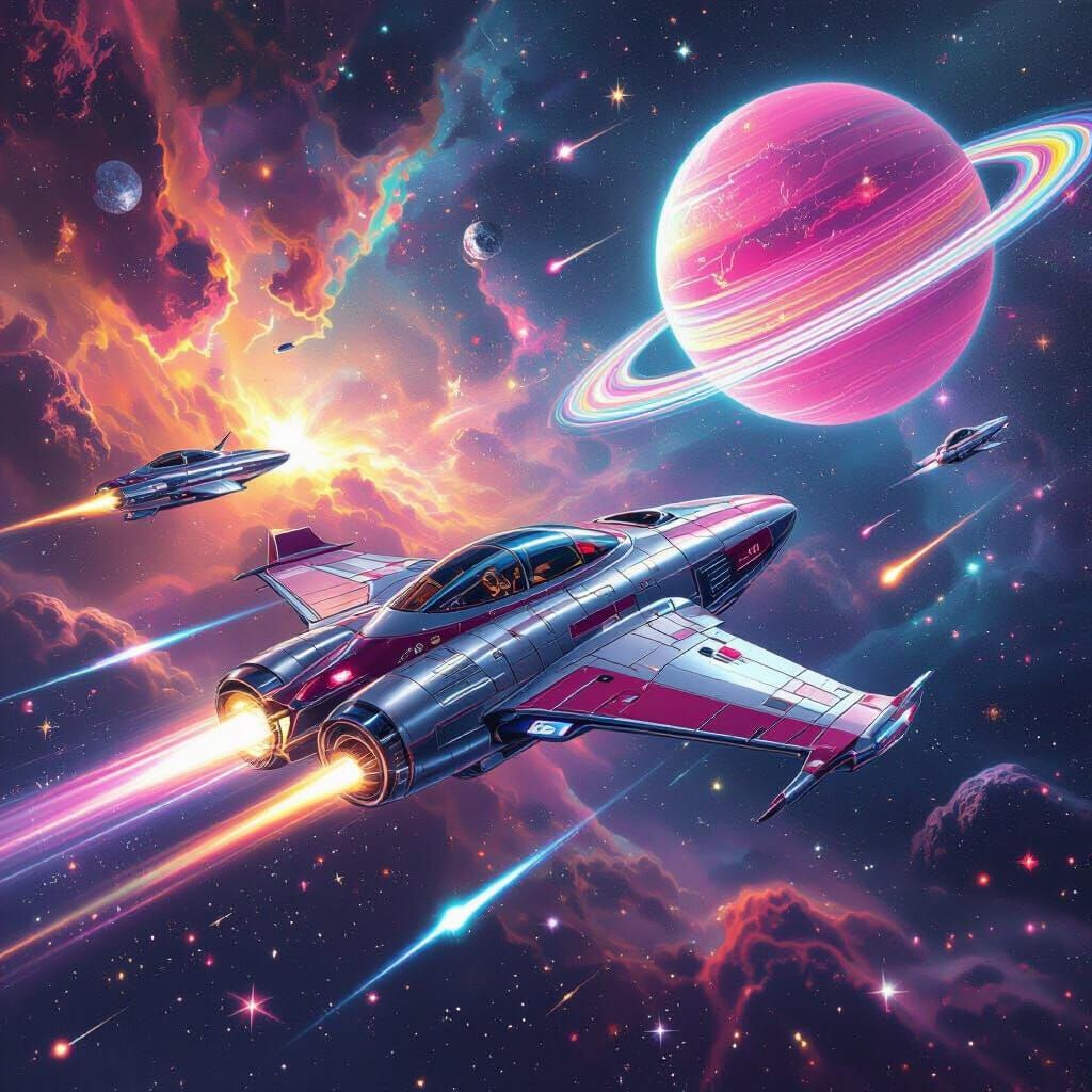Neon Spacecraft Soaring Through Psychedelic Nebula