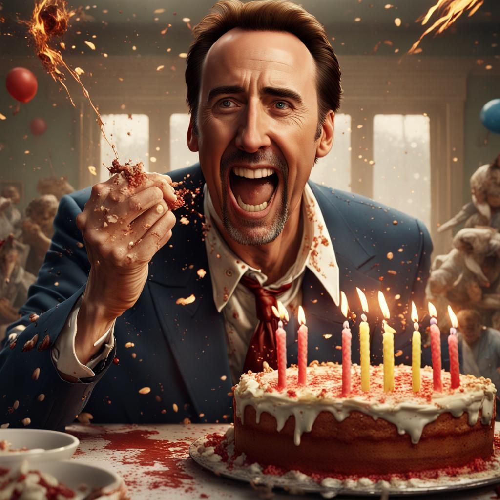 Nicolas Cage Exploding Cake in Rockwell Style