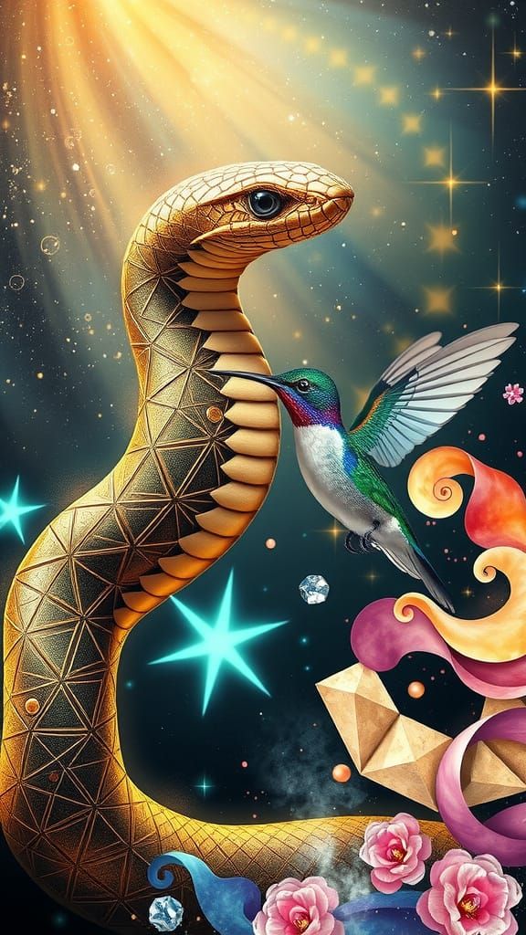 Surreal Encounter: Snake and Hummingbird Harmony in Metallic...