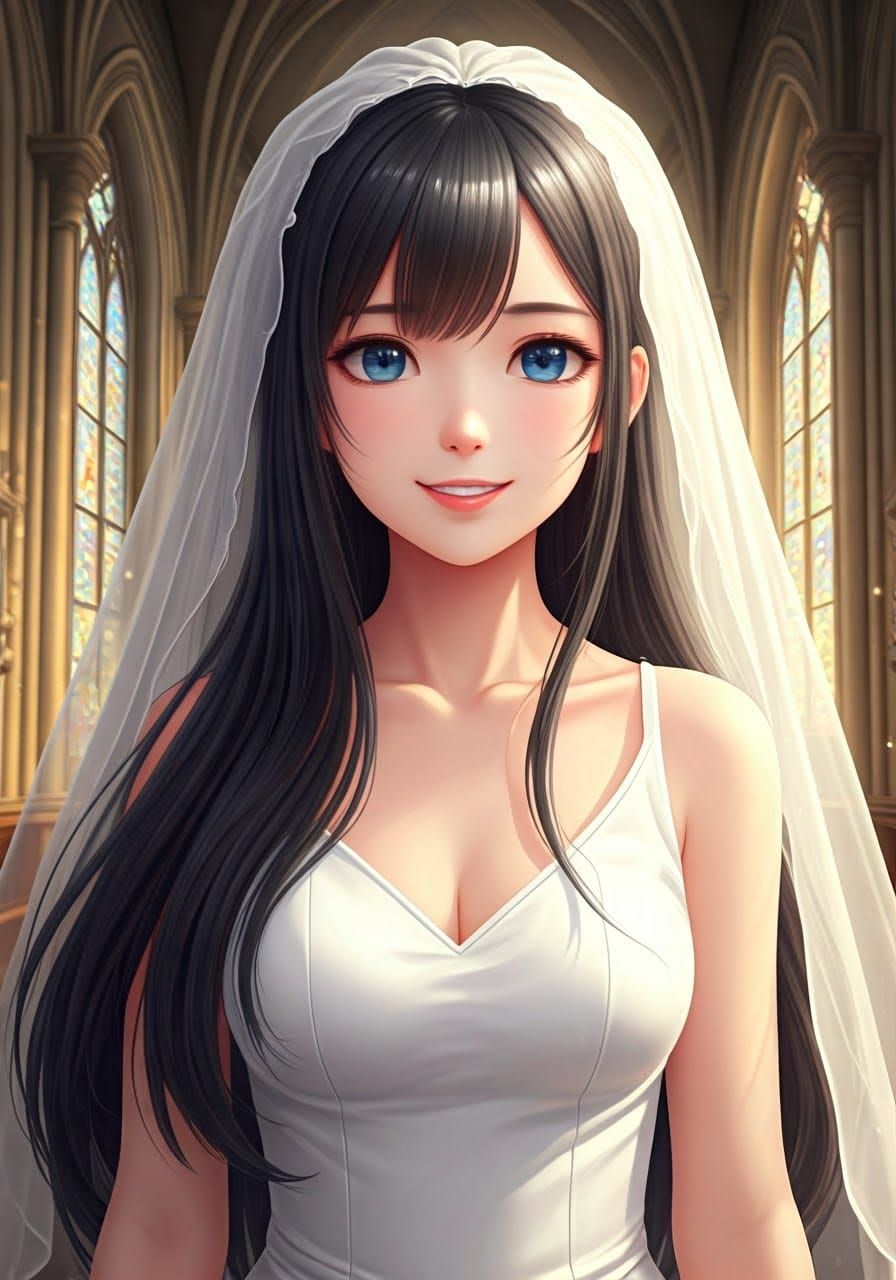 Radiant Bride in Elegant Church Setting, in Whimsical Anime ...