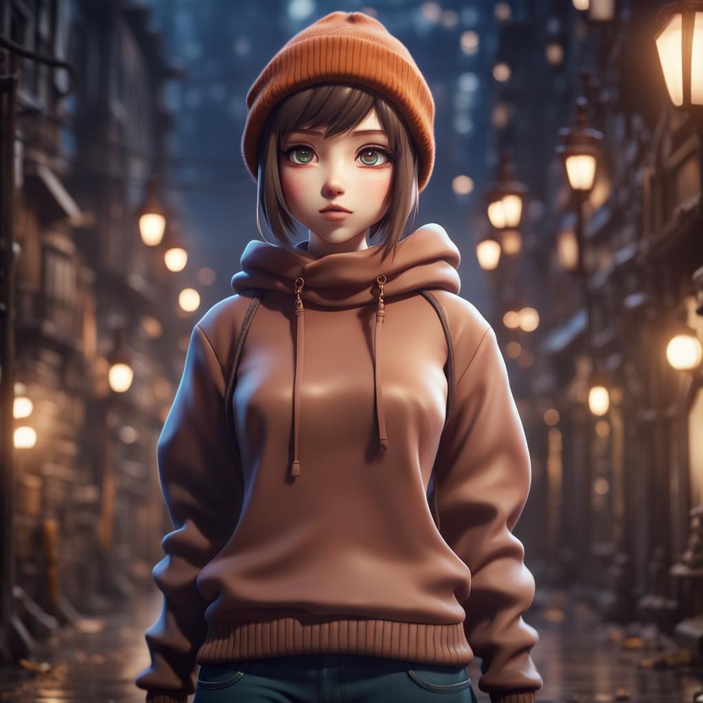 Cute Anime Girl with Beanie in Detailed Digital Painting