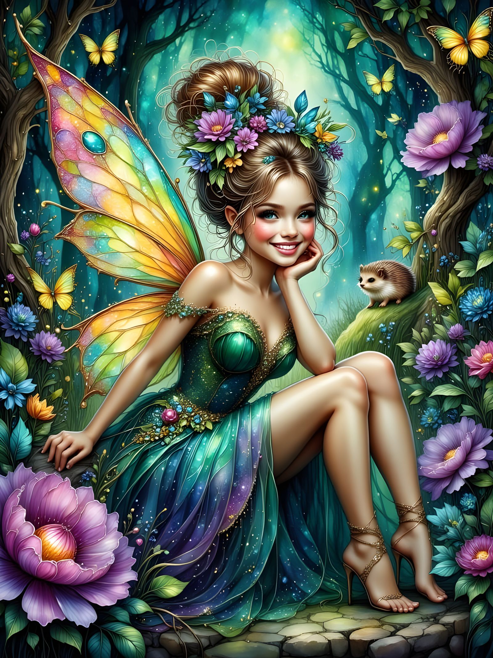 Magical Fairy Playing with Butterflies and Hedgehog
