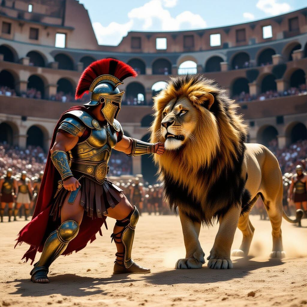 Gladiator and Lion Clash in Roman Colosseum