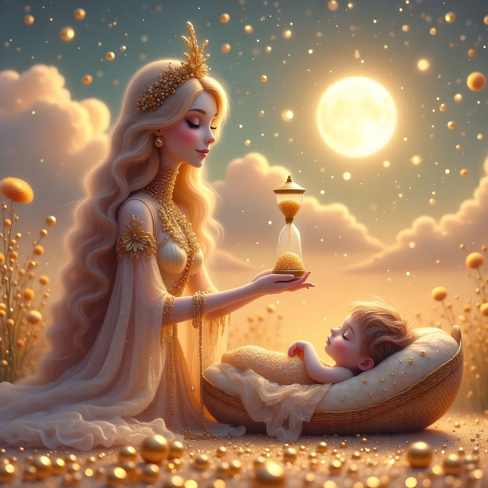 Magical Sandman Sprinkling Gold Sand in Dreamscape