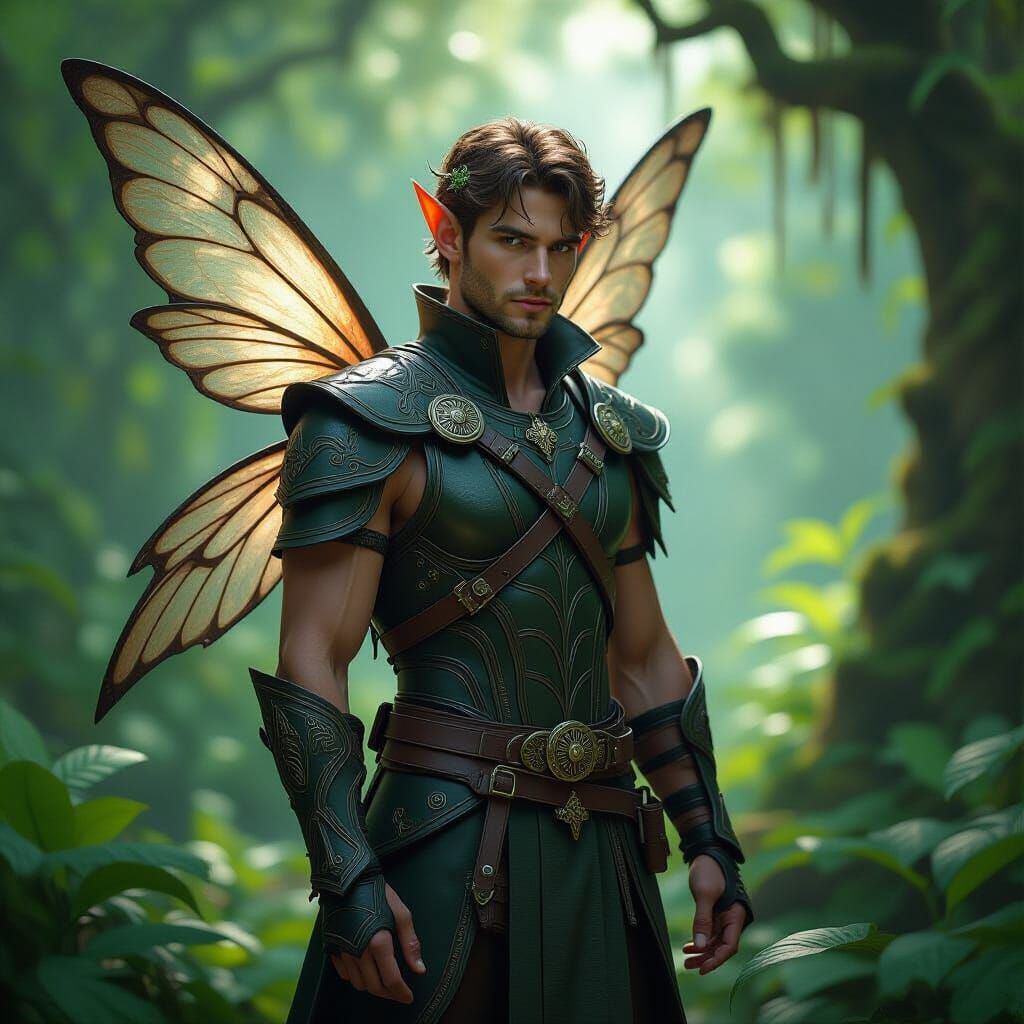 Faery in Leather Armor, Hyperrealistic Forest Scene