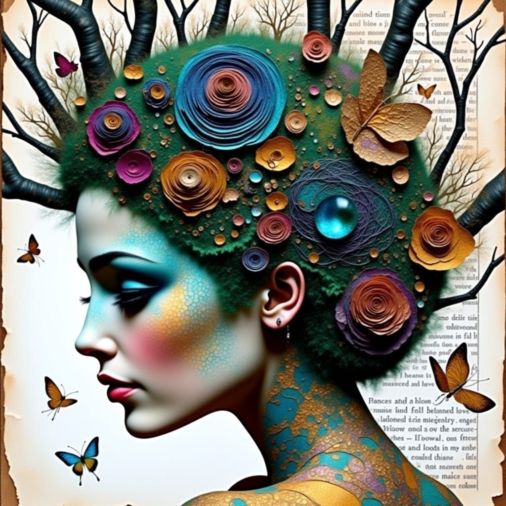 Mystical Moss Princess Collage in Mixed Media