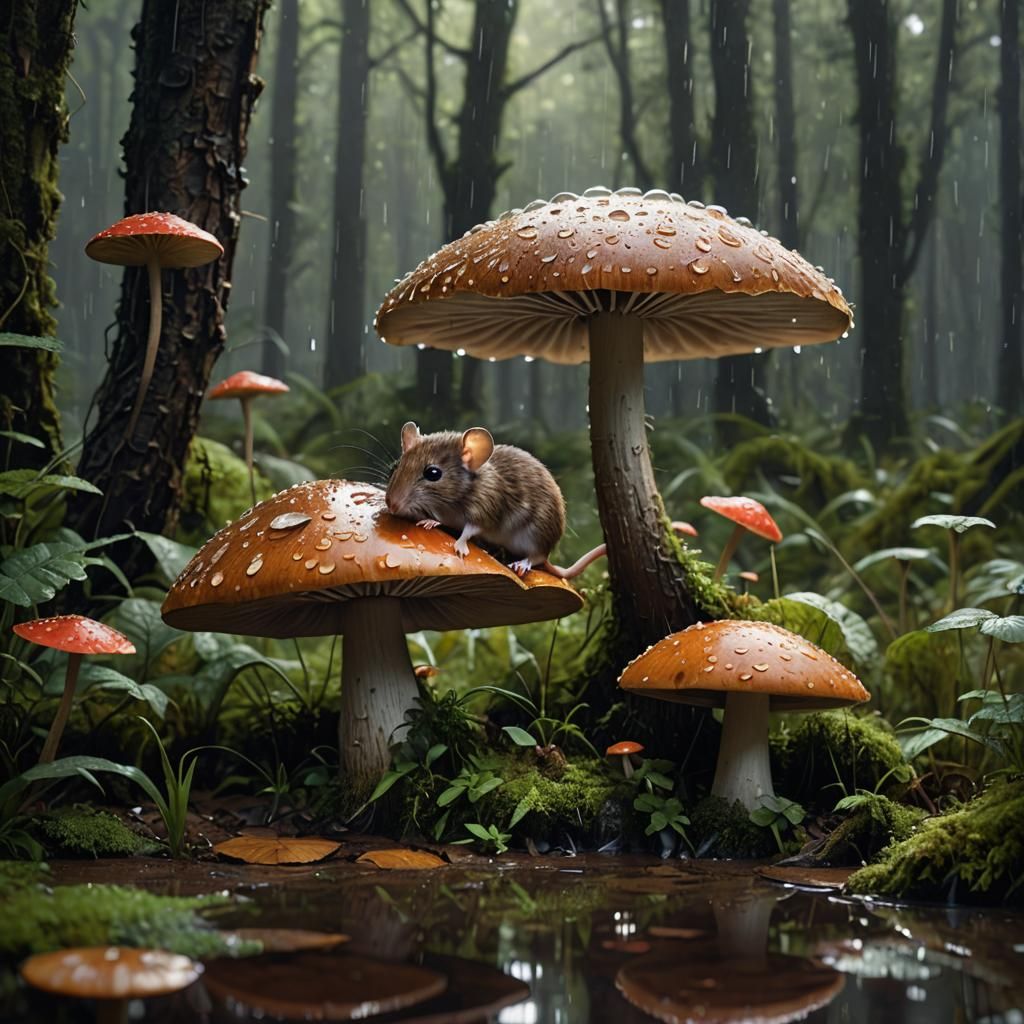 Whimsical Forest Scene in Heavy Rain