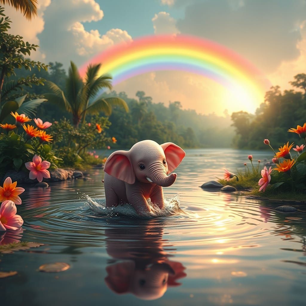 Pink Elephant's Rainbow River Frolic: Matte Painting