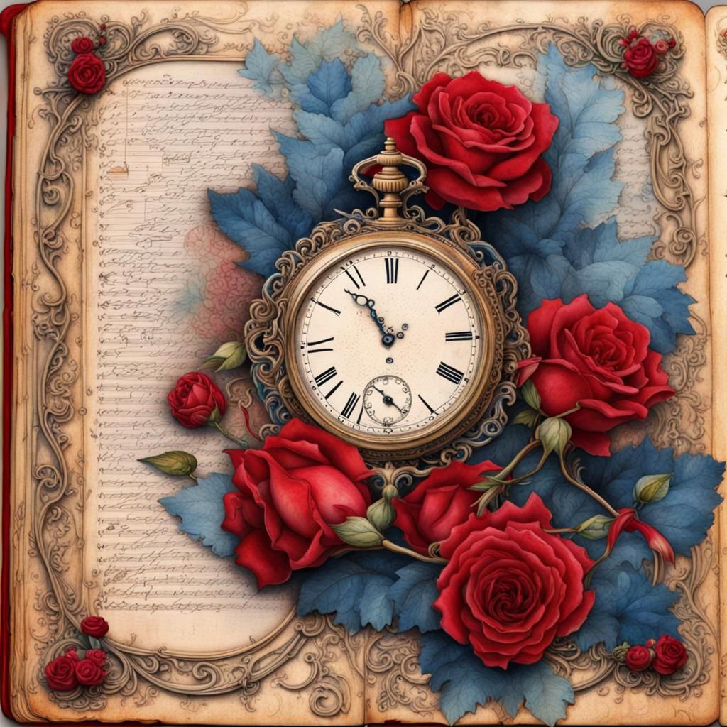 Floral Pocket Watch Rococo Journal Page in Watercolor Style