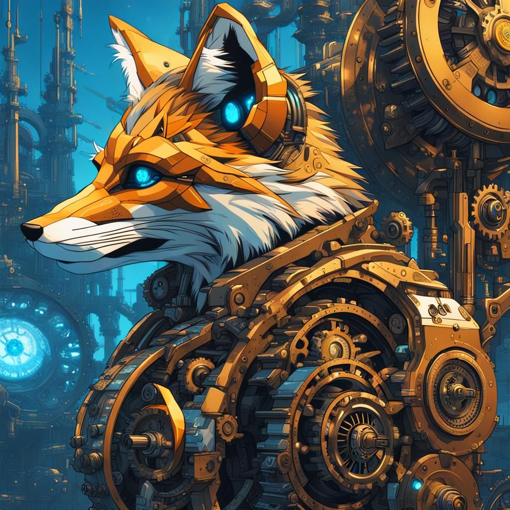 Cyberpunk Steampunk Fox Poster Art in Syd Mead Style