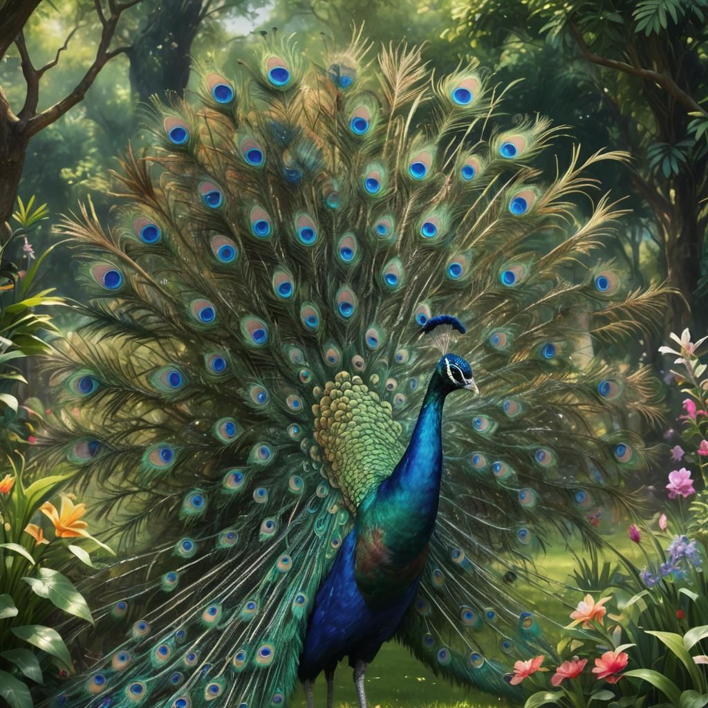 Vibrant Peacock Displaying Iridescent Feathers as Watercolor