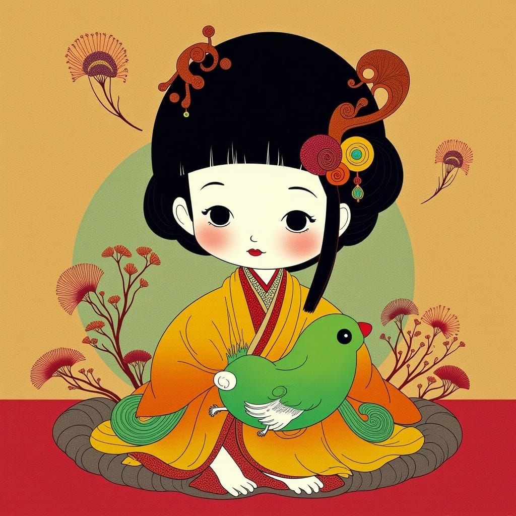 Ichimatsu Doll with Bird, Ukiyo-e Style