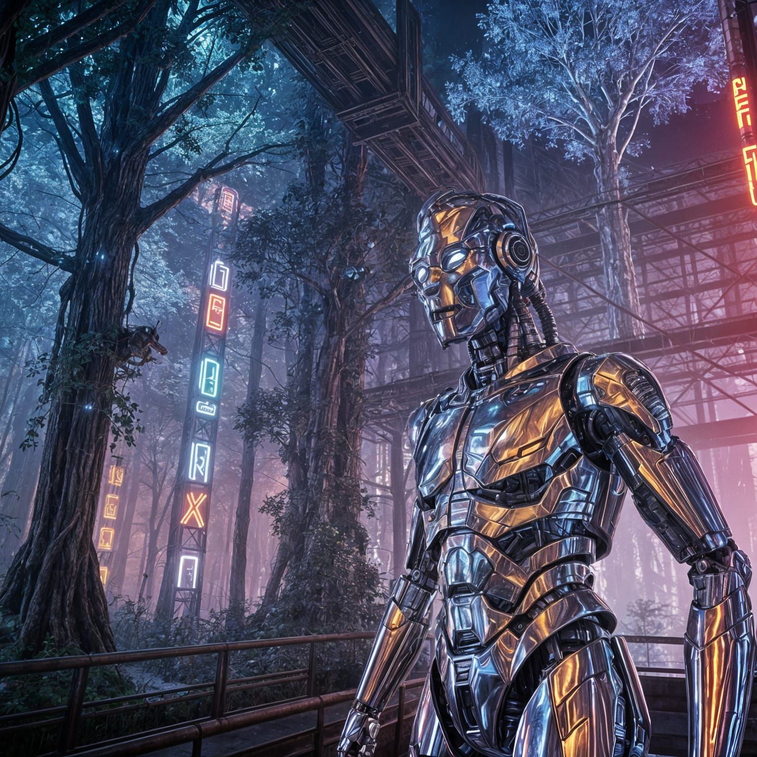 Cyberpunk Robot Bigfoot in Artificial Forest