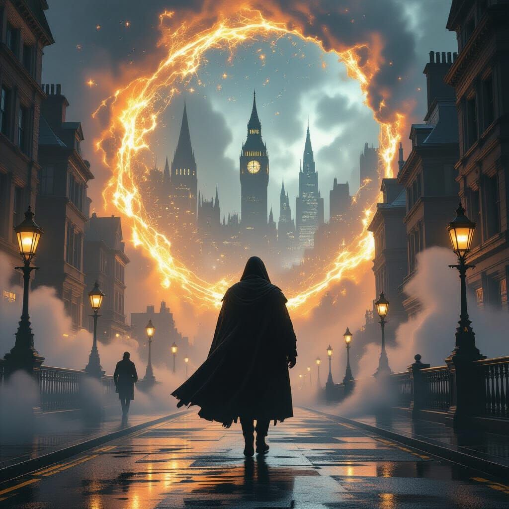 Traveler Between Worlds in Cyberpunk Style